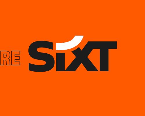 The text: "We are SIXT" is written on an orange background.